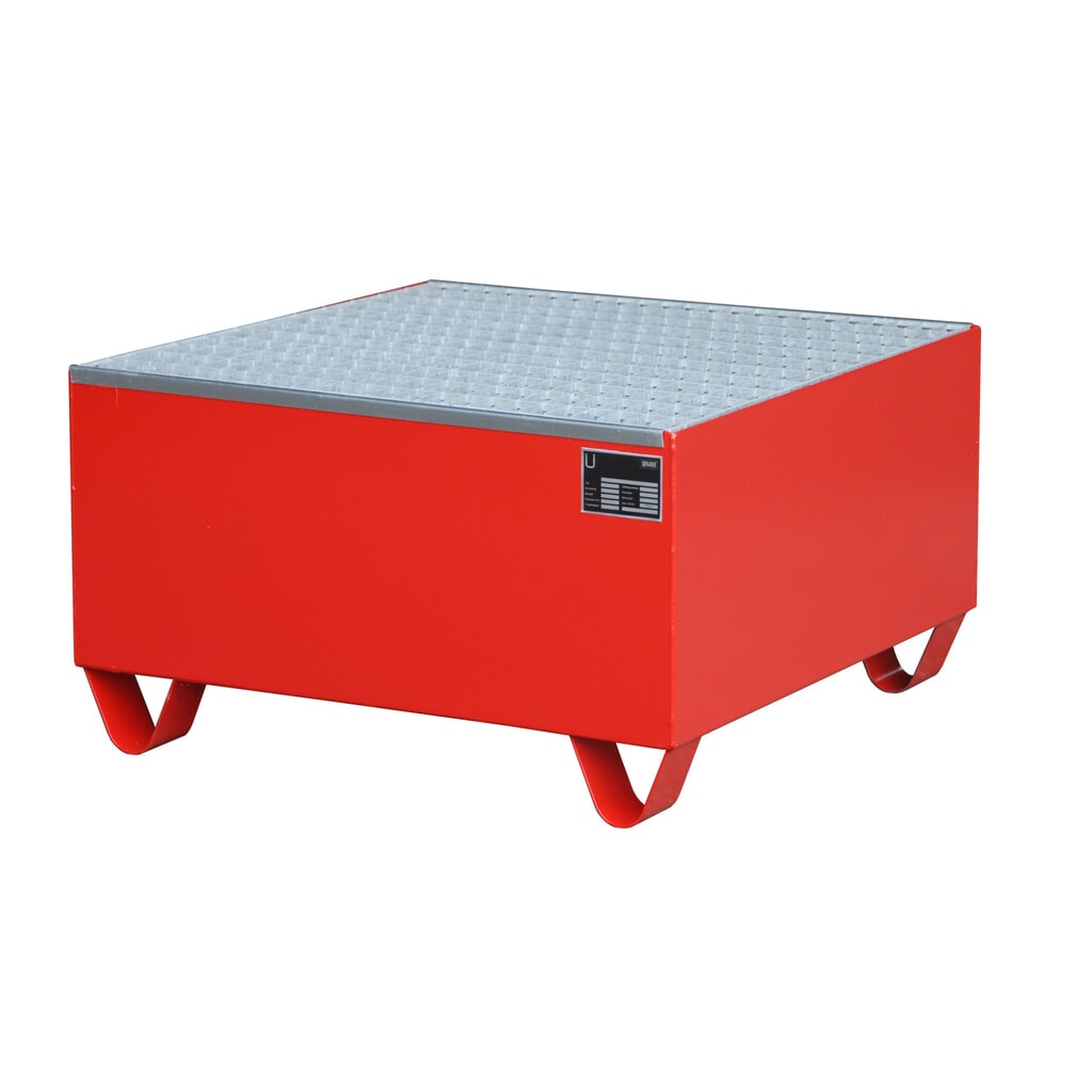 Produktabbildung: Bauer® Auffangwanne aus Stahl, Unterfahrhöhe 100 mm, HxBxT 465 x 800 x 800 mm, inkl. Gitterrost, 1x 200 l, feuerrot