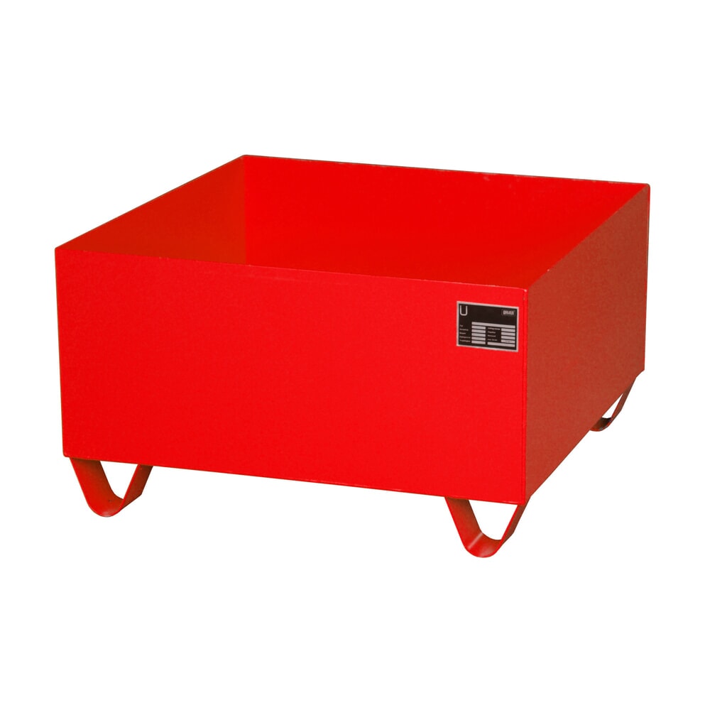 Bauer® Auffangwanne aus Stahl, Unterfahrhöhe 100 mm, HxBxT 465 x 800 x 800 mm, ohne Gitterrost, 1x 200 l, feuerrot Produktabbildung: Bauer® Auffangwanne aus Stahl, Unterfahrhöhe 100 mm, HxBxT 465 x 800 x 800 mm, ohne Gitterrost, 1x 200 l, feuerrot