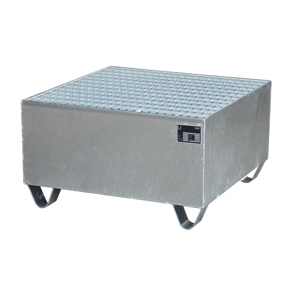 Produktabbildung: Bauer® Auffangwanne aus Stahl, Unterfahrhöhe 100 mm, HxBxT 465 x 800 x 800 mm, inkl. Gitterrost, 1x 200 l, feuerverzinkt