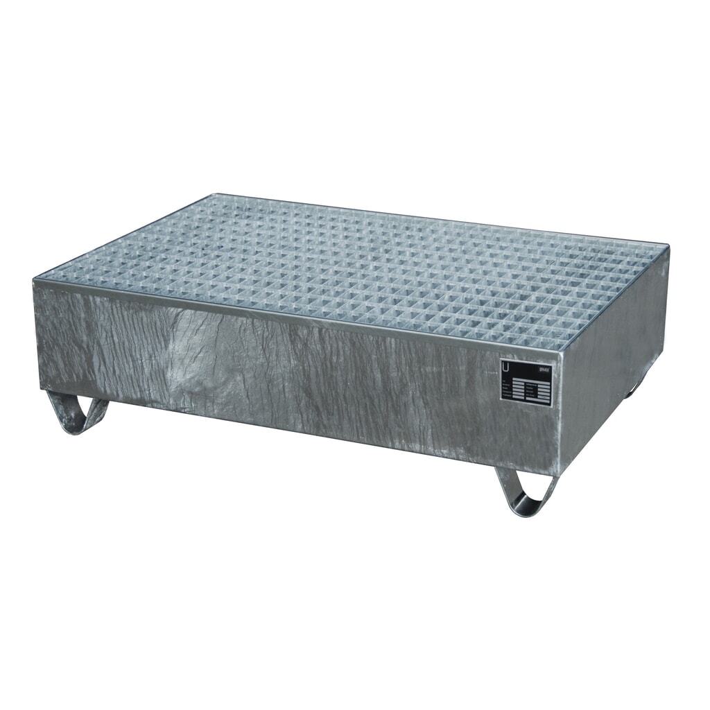 Produktabbildung: Bauer® Auffangwanne aus Stahl, Unterfahrhöhe 100 mm, HxBxT 360 x 1.200 x 800 mm, inkl. Gitterrost, 2x 200 l, feuerverzinkt