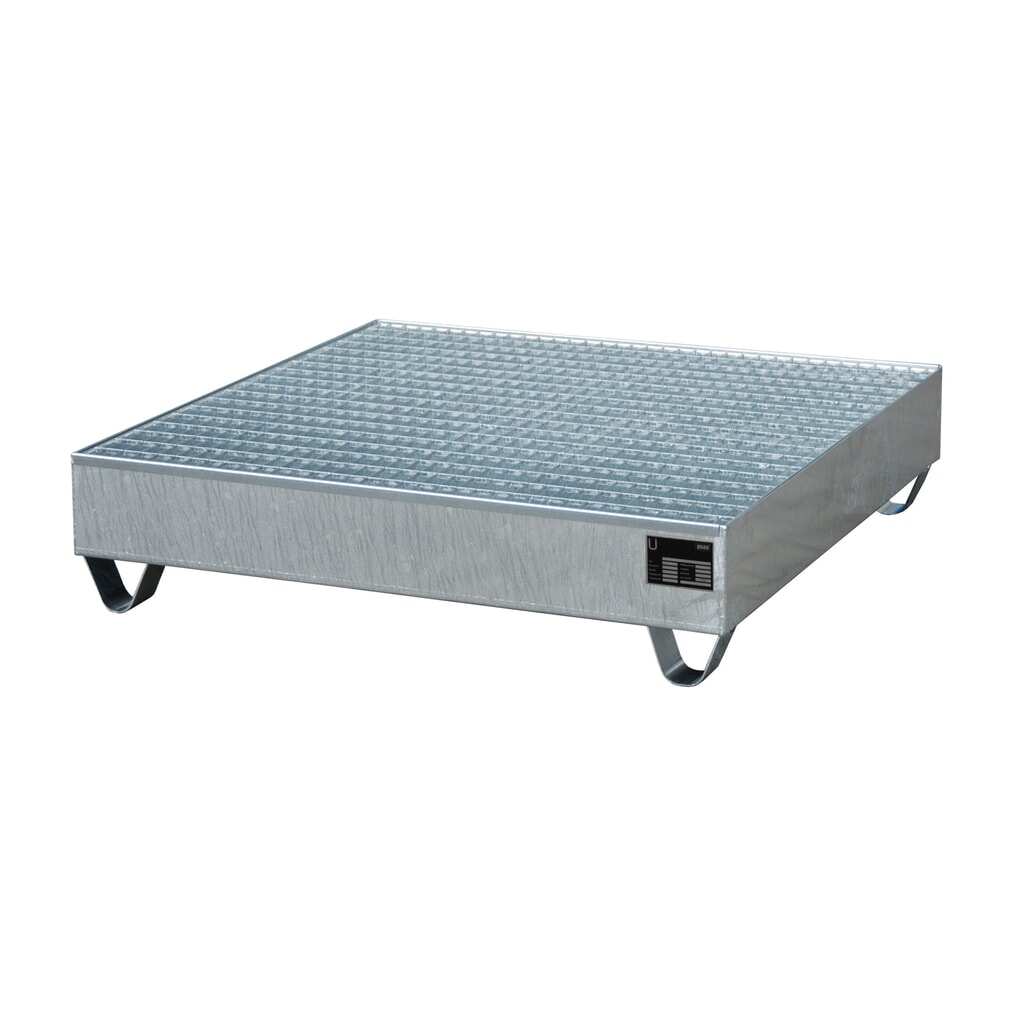 Produktabbildung: Bauer® Auffangwanne aus Stahl, Unterfahrhöhe 100 mm, HxBxT 285 x 1.200 x 1.200 mm, inkl. Gitterrost, 4x 200 l, feuerverzinkt