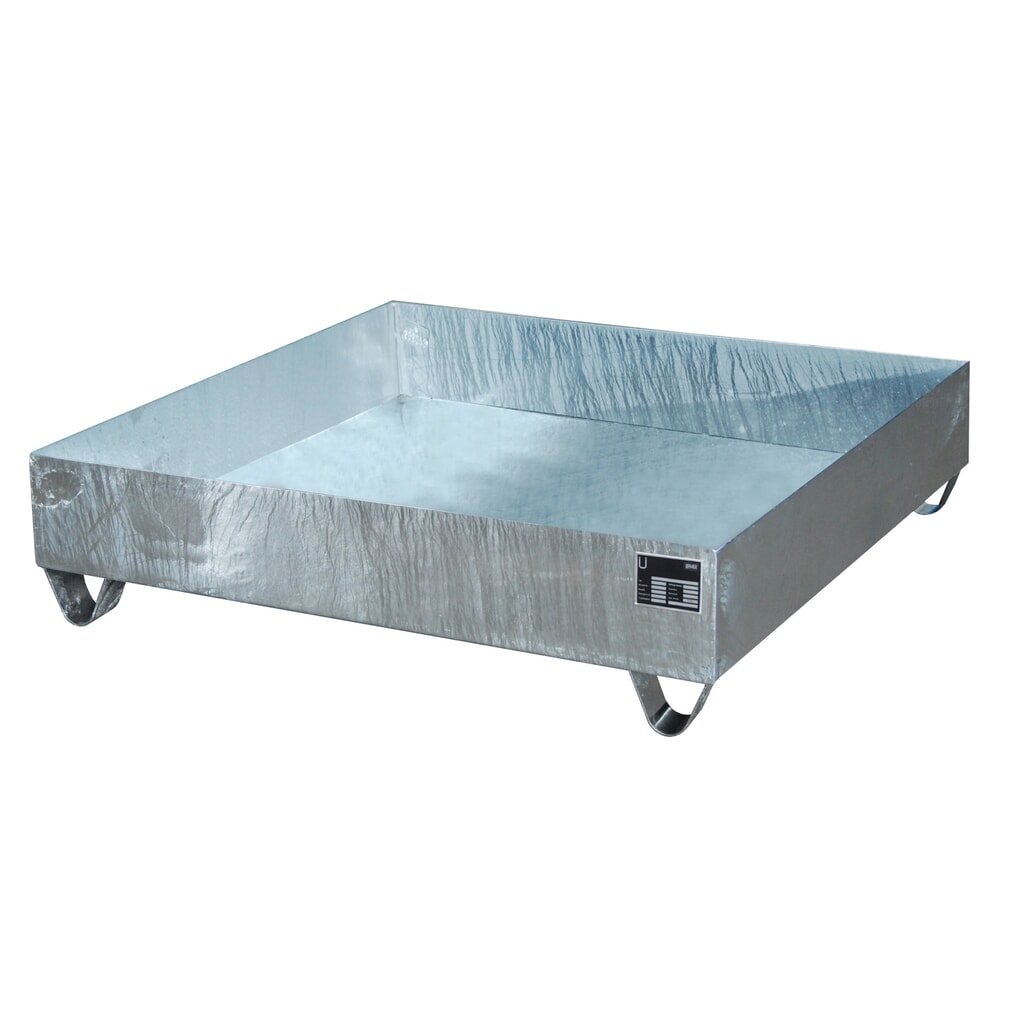 Produktabbildung: Bauer® Auffangwanne aus Stahl, Unterfahrhöhe 100 mm, HxBxT 285 x 1.200 x 1.200 mm, ohne Gitterrost, 4x 200 l, feuerverzinkt