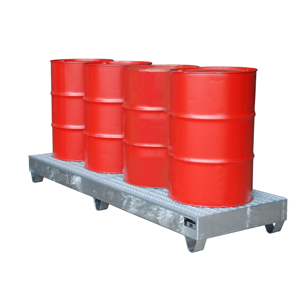 Produktabbildung: Bauer® Auffangwanne aus Stahl, Unterfahrhöhe 100 mm, HxBxT 250 x 2.400 x 800 mm, inkl. Gitterrost, 4x 200 l, feuerverzinkt