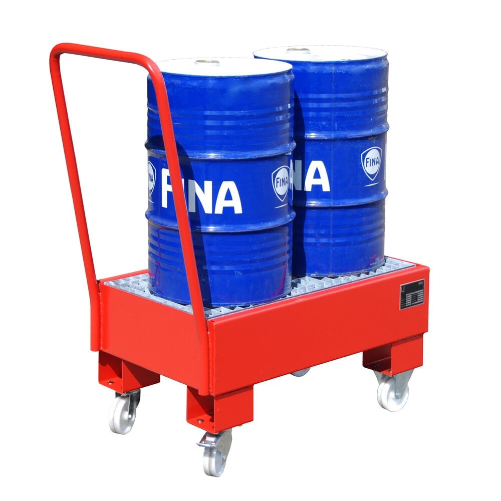 Produktabbildung: Bauer® Auffangwanne aus Stahl, verfahrbar, 2x 60 l stehend, Auffangvolumen 61 l, feuerrot