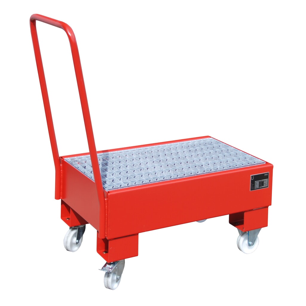 Bauer® Auffangwanne aus Stahl, verfahrbar, 2x 60 l stehend, Auffangvolumen 61 l, feuerrot Produktabbildung Nr. 2: Bauer® Auffangwanne aus Stahl, verfahrbar, 2x 60 l stehend, Auffangvolumen 61 l, feuerrot