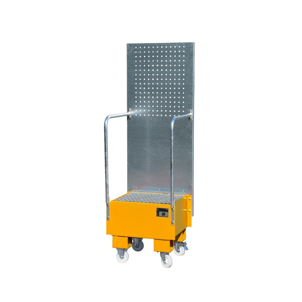 Produktabbildung: Bauer® Auffangwanne aus Stahl mit Lochplatte, verfahrbar, 1x 60 l, HxBxT 1.775 x 1.775 x 590 mm, gelborange