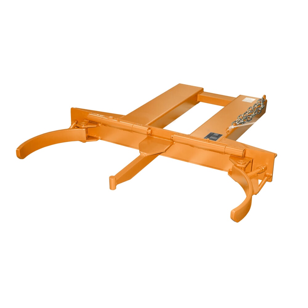 Produktabbildung: Bauer® Fassgreifer FK-I für Stahl-Spund-, Stahl-Deckel- und Rollreifenfässer, Stapleranbau, Tragkraft 500 kg, lackiert, Gelborange
