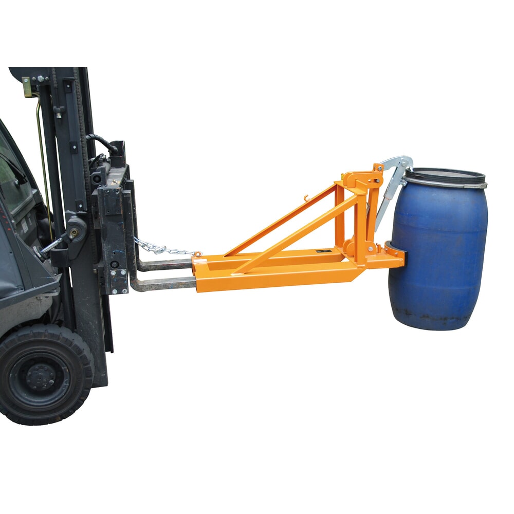 Produktabbildung: Bauer® Fassgreifer, Kunststoff-Deckelfässer, Stapleranbau, Tragkraft 800 kg, RAL 2000 gelborange