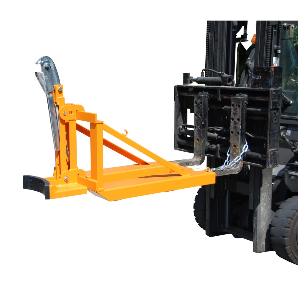 Produktabbildung: Bauer® Fassgreifer, Stahl- und Kunststoff-L-Ringfässer, Stapleranbau, Tragkraft 800 kg, RAL 2000 gelborange