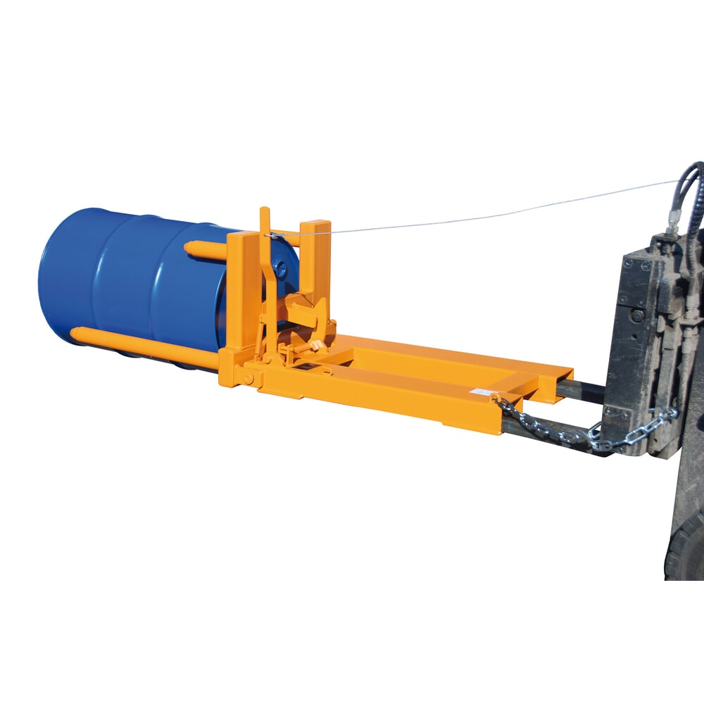 Produktabbildung Nr. 2: Bauer® Fassgreifer FW-I für 200-l-Stahl-Spundfässern und Rollreifenfässer, Fasswendung, Stapleranbau, lackiert, Gelborange