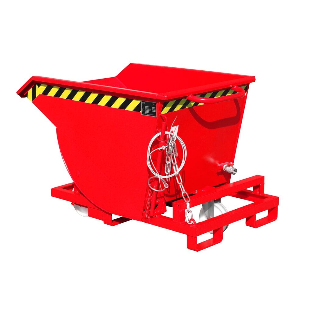 Produktabbildung: Bauer® Späne-Kippbehälter mit Abrollmechanik und Rollensatz, niedrige Bauhöhe, mit Einfahrtaschen, lackiert, Volumen 0,3 m³, RAL 3000 feuerrot