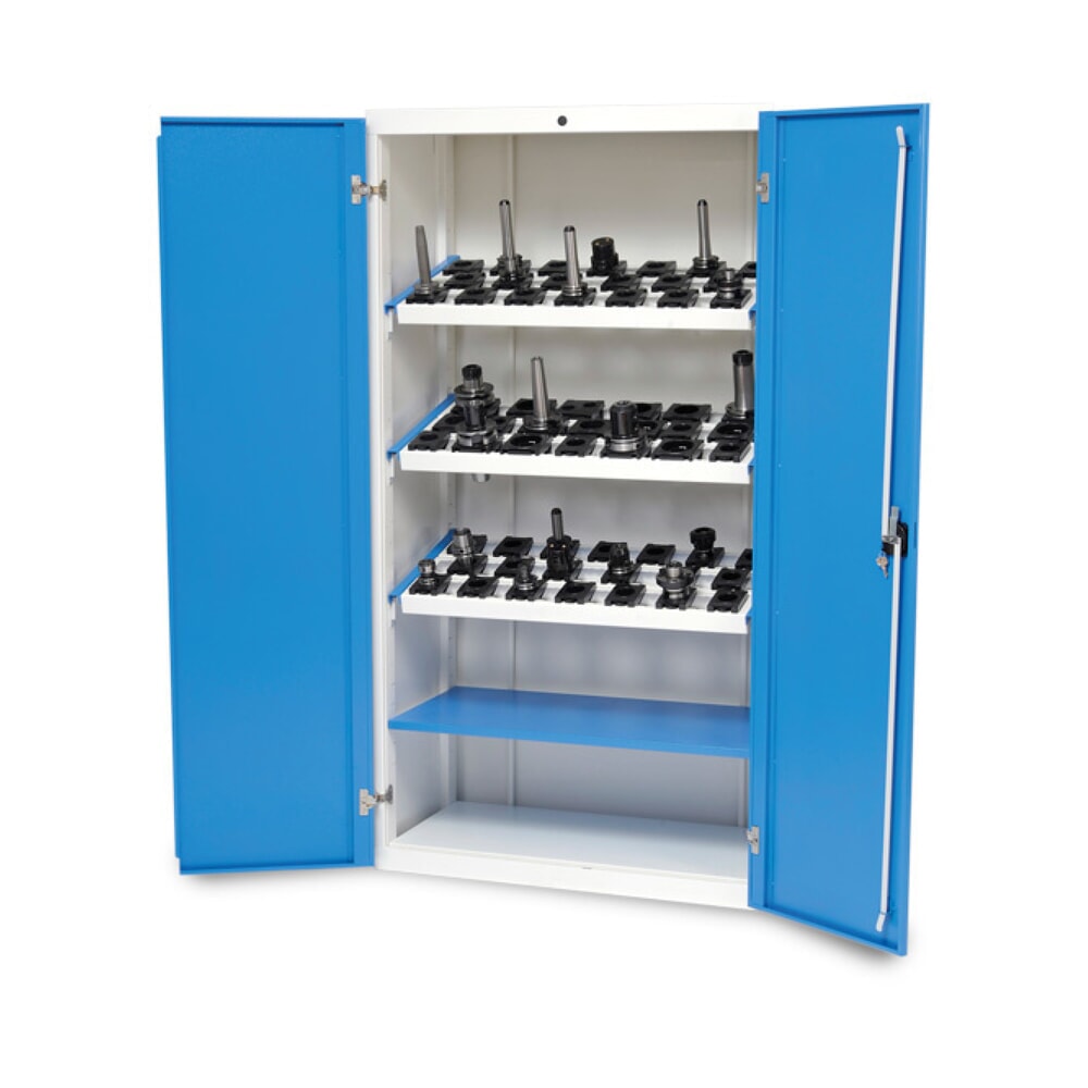 Produktabbildung: Bedrunka+Hirth CNC-Flügeltürenschrank, HxBxT 1.838 x 980 x 500 mm, lichtgrau, lichtblau, mit 3 CNC-Werkzeugaufnahmerahmen