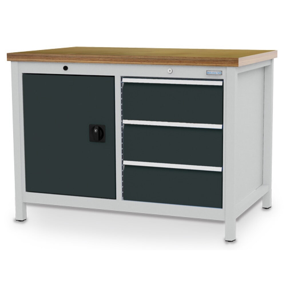 Produktabbildung: Bedrunka+Hirth Kastenwerkbank R 18-24, HxBxT 859 x 1.250 x 750 mm, lichtgrau, anthrazitgrau, 3 Schubladen 3x200 mm, 1 Flügeltür 1x600 mm