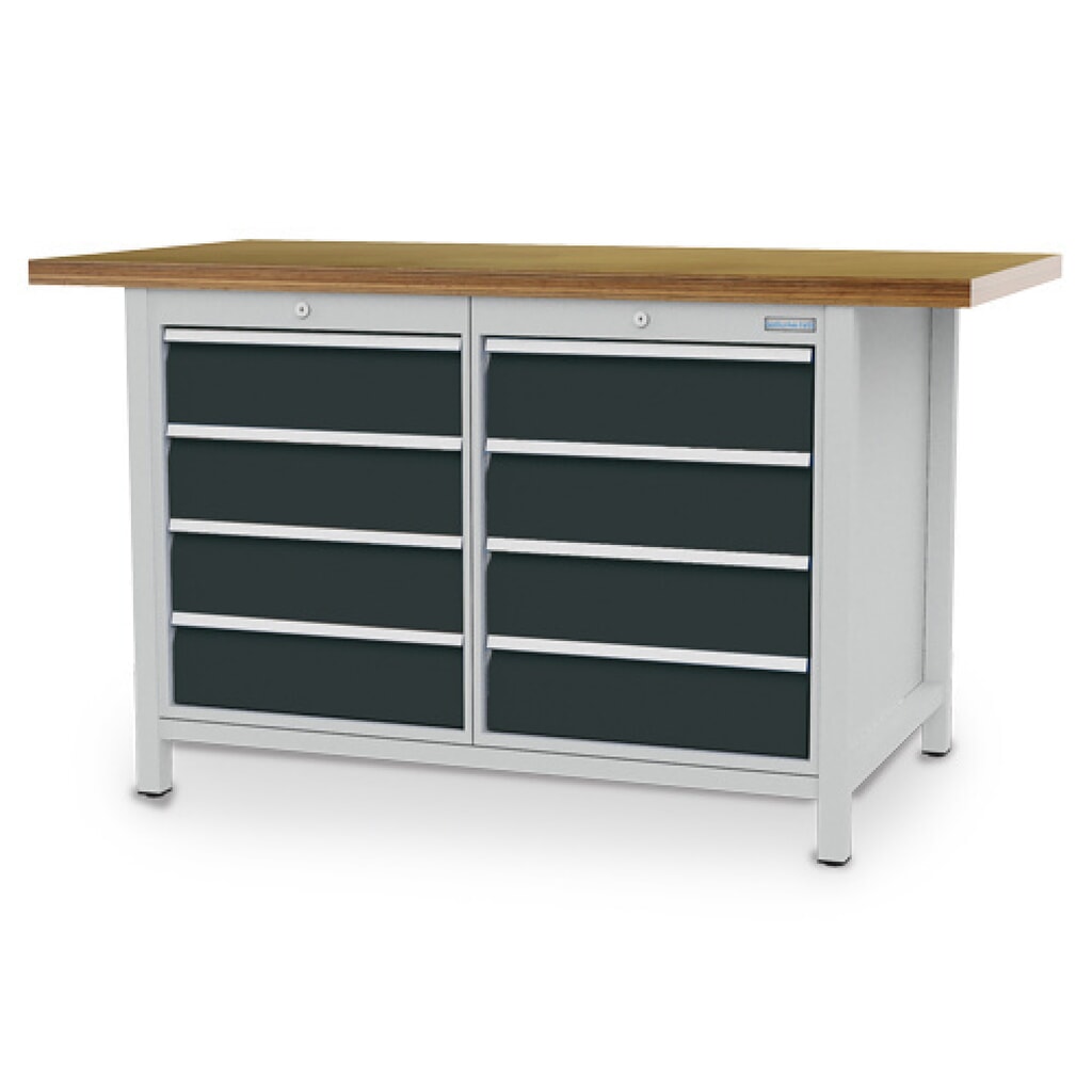 Bedrunka+Hirth Kastenwerkbank R 18-24, HxBxT 859 x 1.500 x 750 mm, lichtgrau, anthrazitgrau, 8 Schubladen 8x150 mm Produktabbildung: Bedrunka+Hirth Kastenwerkbank R 18-24, HxBxT 859 x 1.500 x 750 mm, lichtgrau, anthrazitgrau, 8 Schubladen 8x150 mm