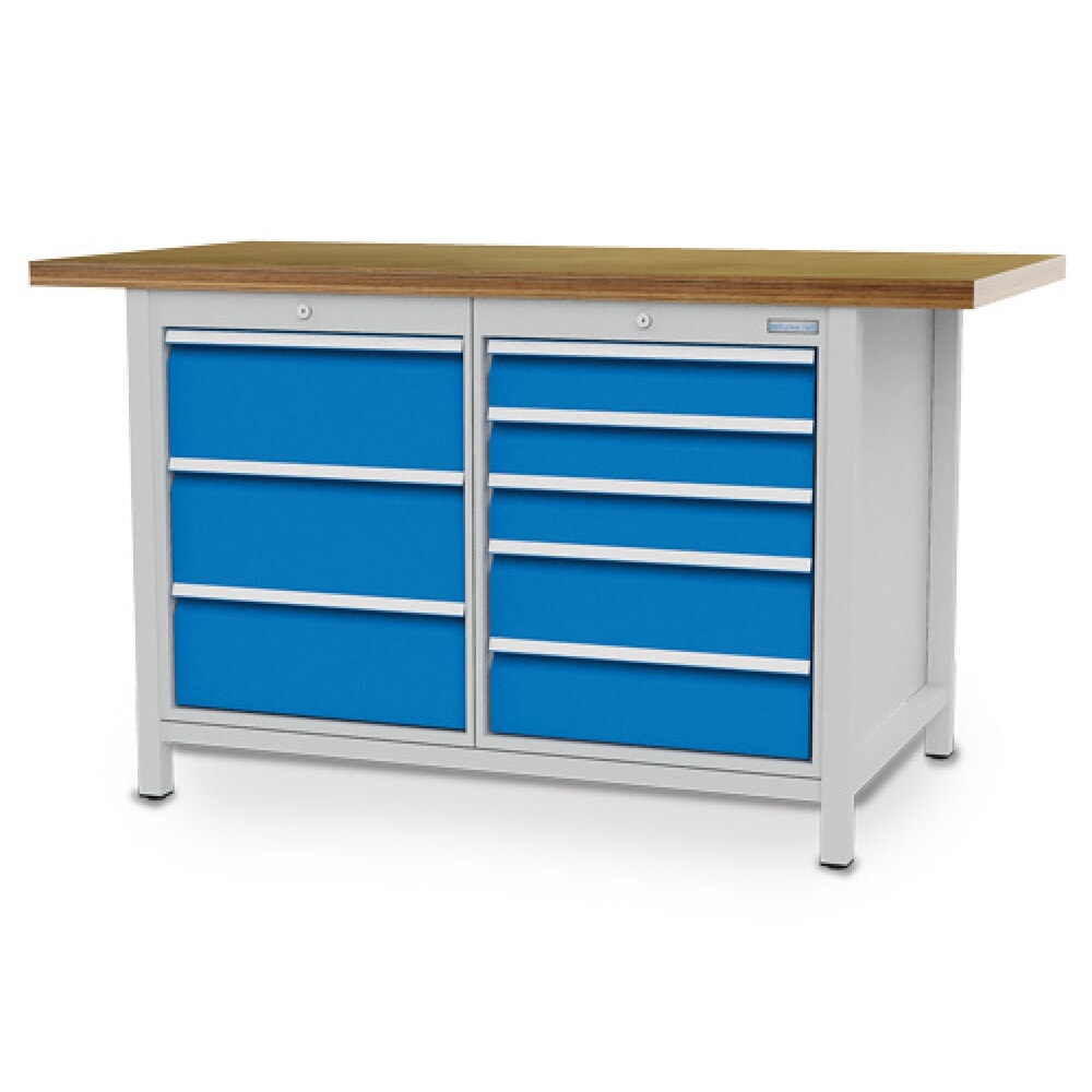 Produktabbildung: Bedrunka+Hirth Kastenwerkbank R 18-24, HxBxT 959 x 1.500 x 750 mm, lichtgrau, lichtblau, 8 Schubladen 3x200 + 3x100 + 2x150 mm