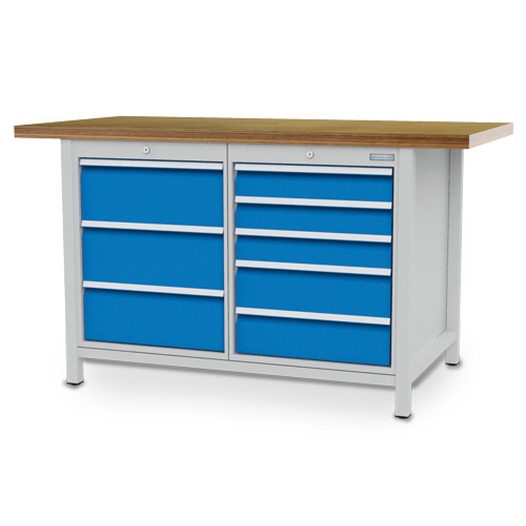 Bedrunka+Hirth Kastenwerkbank R 18-24, HxBxT 859 x 1.500 x 750 mm, lichtgrau, lichtblau, 8 Schubladen 3x200 + 3x100 + 2x150 mm Produktabbildung: Bedrunka+Hirth Kastenwerkbank R 18-24, HxBxT 859 x 1.500 x 750 mm, lichtgrau, lichtblau, 8 Schubladen 3x200 + 3x100 + 2x150 mm