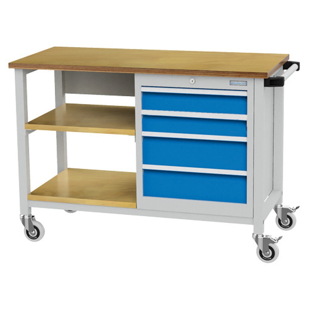 Bedrunka+Hirth Mobile Werkbank R 18-16, HxBxT 880 x 1.200 x 540 mm, lichtgrau, lichtblau, 2 Fachböden, 4 Schubladen 2x100 + 2x150 mm Produktabbildung: Bedrunka+Hirth Mobile Werkbank R 18-16, HxBxT 880 x 1.200 x 540 mm, lichtgrau, lichtblau, 2 Fachböden, 4 Schubladen 2x100 + 2x150 mm