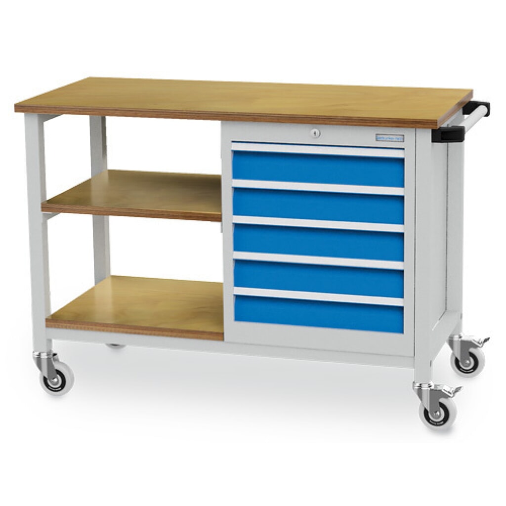 Bedrunka+Hirth Mobile Werkbank R 18-16, HxBxT 880 x 1.200 x 540 mm, lichtgrau, lichtblau, 2 Fachböden, 5 Schubladen 5x100 mm Produktabbildung: Bedrunka+Hirth Mobile Werkbank R 18-16, HxBxT 880 x 1.200 x 540 mm, lichtgrau, lichtblau, 2 Fachböden, 5 Schubladen 5x100 mm