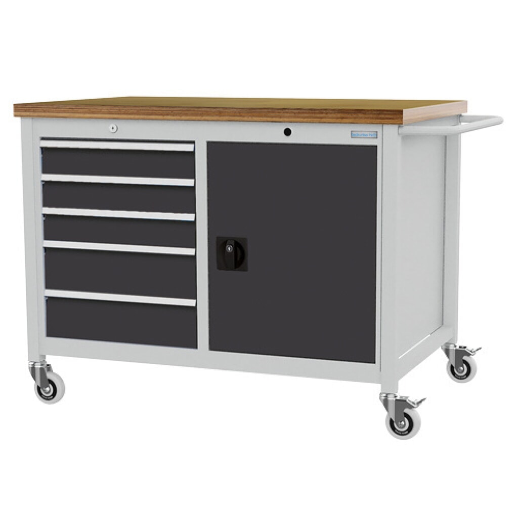 Produktabbildung: Bedrunka+Hirth Mobile Werkbank R 18-24, HxBxT 950 x 1.250 x 750 mm, lichtgrau, anthrazitgrau, 5 Schubladen 3x100 + 2x150 mm, 1 Flügeltür 1x600 mm