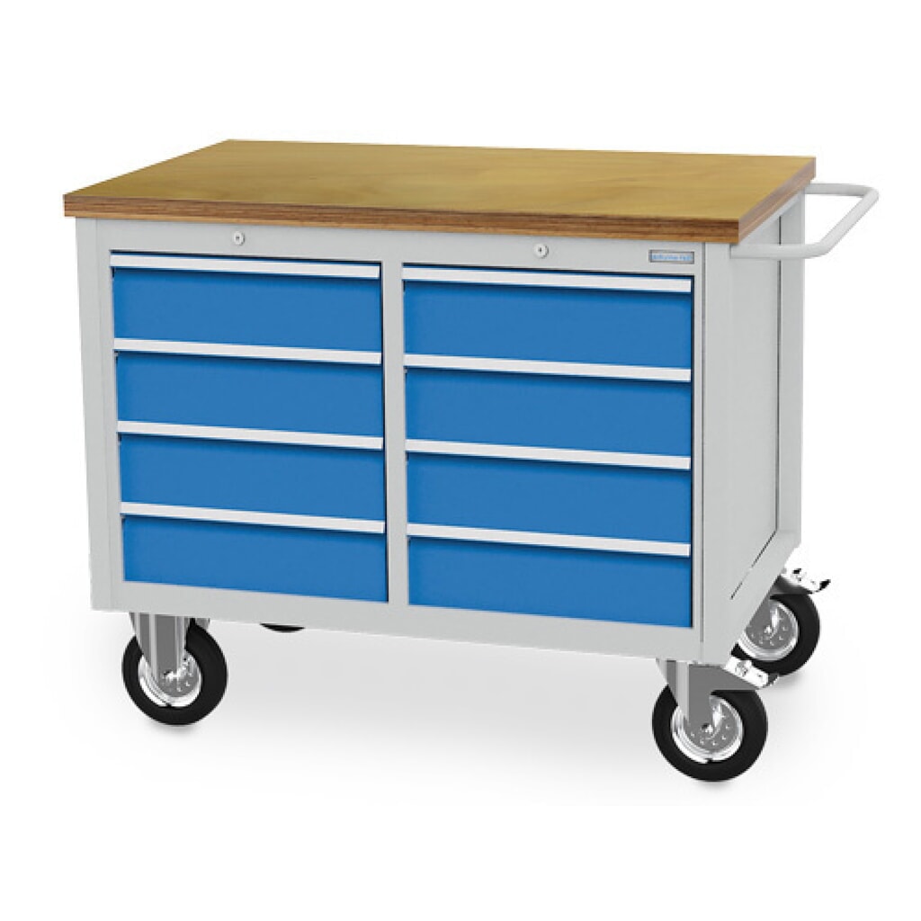 Bedrunka+Hirth Mobile Werkbank R 18-24, HxBxT 995 x 1.250 x 750 mm, lichtgrau, lichtblau, 8 Schubladen 8x150 mm Produktabbildung: Bedrunka+Hirth Mobile Werkbank R 18-24, HxBxT 995 x 1.250 x 750 mm, lichtgrau, lichtblau, 8 Schubladen 8x150 mm