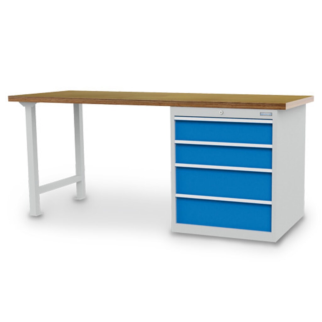 Produktabbildung: Bedrunka+Hirth Reihenwerkbank R 24-24, HxBxT 859 x 2.000 x 750 mm, lichtgrau, lichtblau, 4 Schubladen 2x150 + 2x200 mm, Schubladen Breite 600 mm