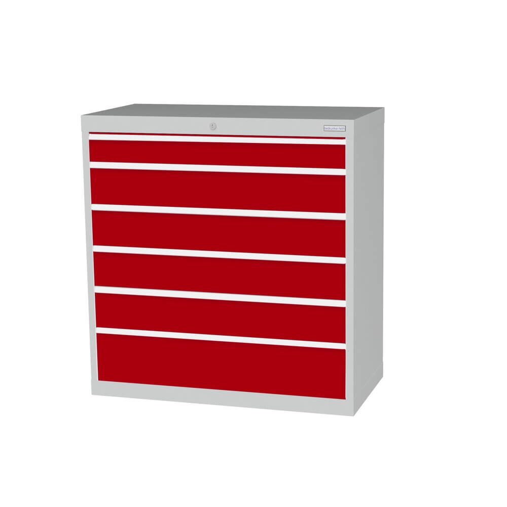 Produktabbildung: Bedrunka+Hirth Schubladenschrank Profi, Schubladen 1x100 + 4x150 + 1x200 mm, HxBxT 1.019 x 980 x 500 mm, lichtgrau/rubinrot