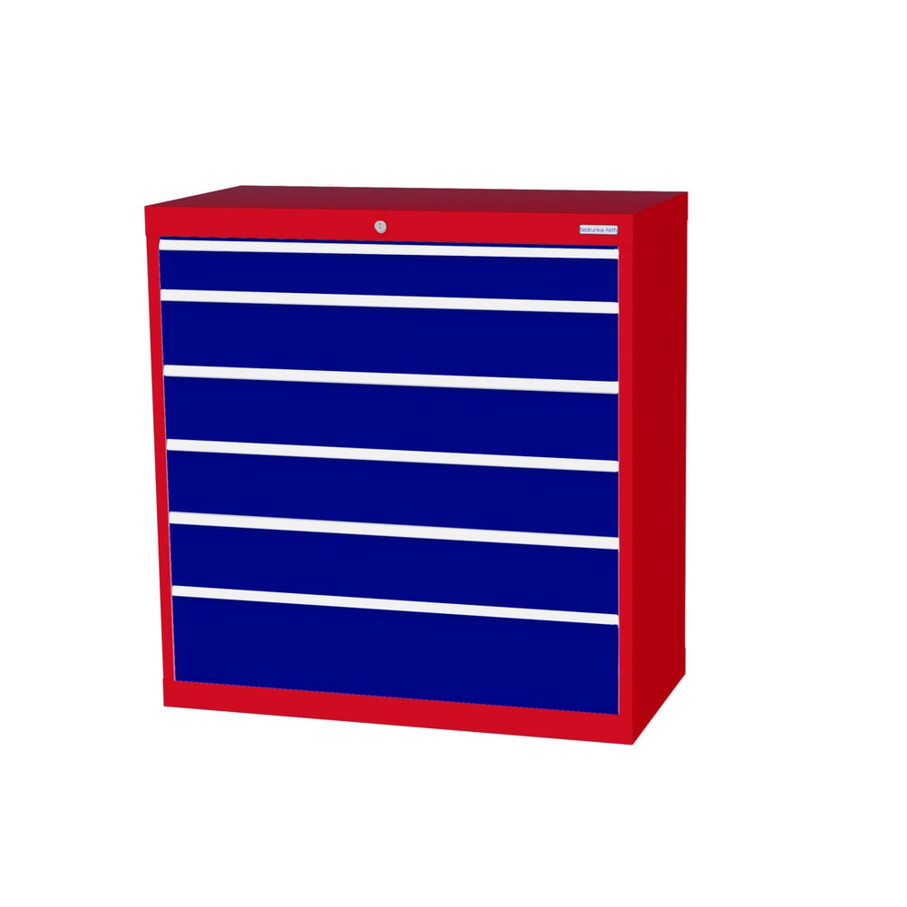 Produktabbildung: Bedrunka+Hirth Schubladenschrank Profi, Schubladen 1x100 + 4x150 + 1x200 mm, HxBxT 1.019 x 980 x 500 mm, verkehrsrot/enzianblau
