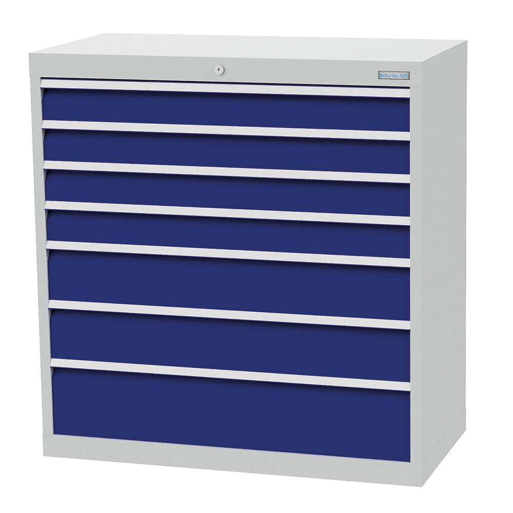 Produktabbildung: Bedrunka+Hirth Schubladenschrank Profi, Schubladen 4x100 + 2x150 + 1x200 mm, HxBxT 1.019 x 980 x 500 mm, lichtgrau/enzianblau