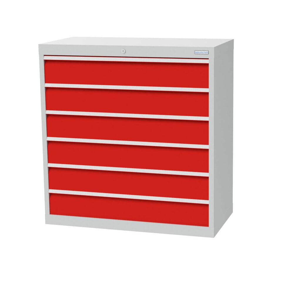 Produktabbildung: Bedrunka+Hirth Schubladenschrank Profi, Schubladen 6x150 mm, HxBxT 1.019 x 980 x 500 mm, lichtgrau/verkehrsrot
