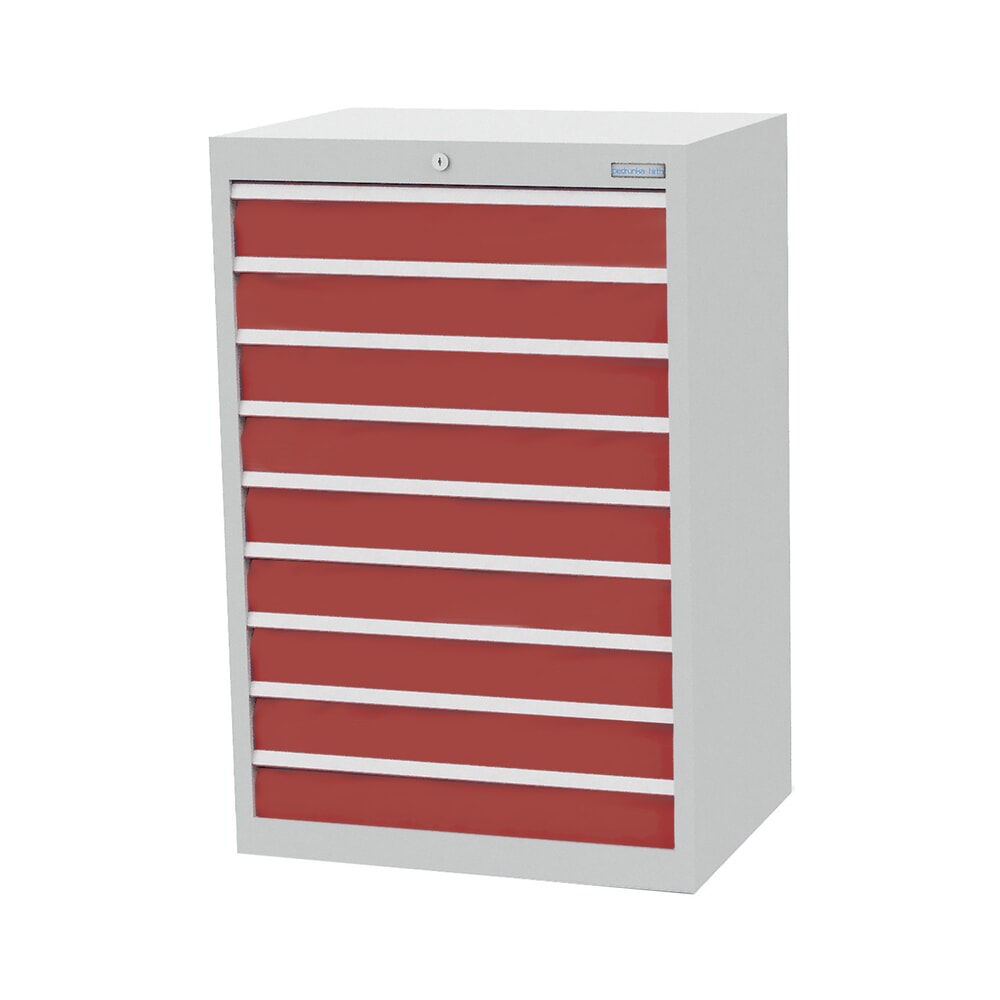 Produktabbildung: Bedrunka+Hirth Schubladenschrank Profi, Schubladen 9x100 mm, HxBxT 1.019 x 680 x 500 mm, lichtgrau/rubinrot