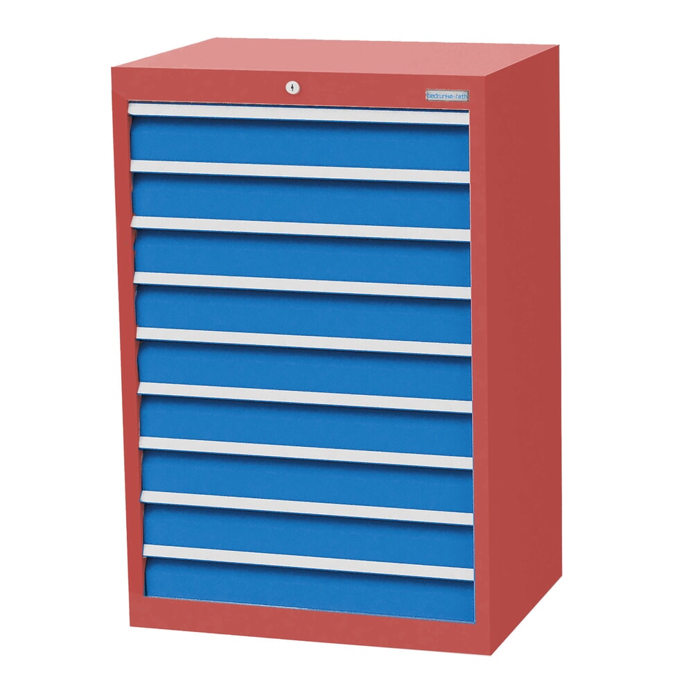 Produktabbildung: Bedrunka+Hirth Schubladenschrank Profi, Schubladen 9x100 mm, HxBxT 1.019 x 680 x 500 mm, rubinrot/lichtblau