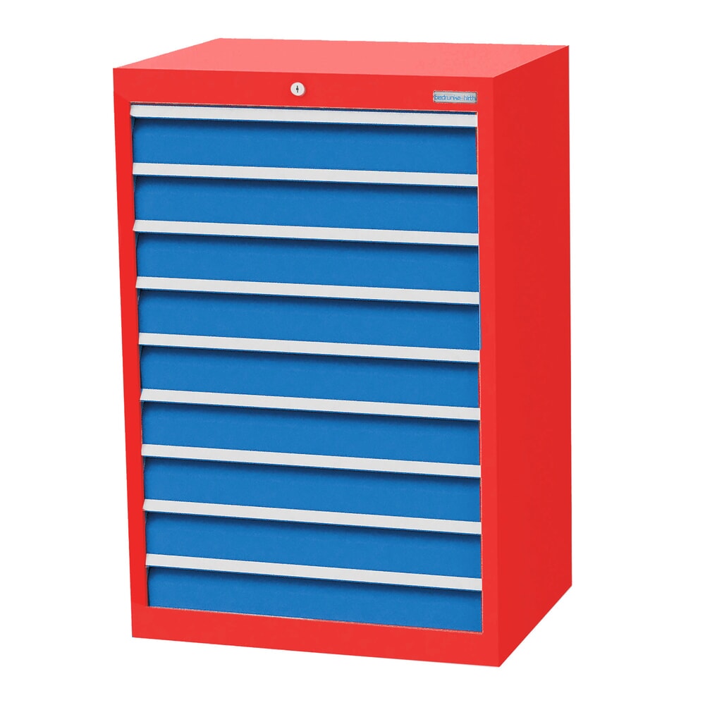Produktabbildung: Bedrunka+Hirth Schubladenschrank Profi, Schubladen 9x100 mm, HxBxT 1.019 x 680 x 500 mm, verkehrsrot/lichtblau