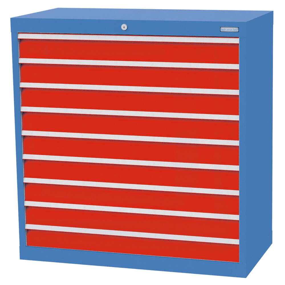 Produktabbildung: Bedrunka+Hirth Schubladenschrank Profi, Schubladen 9x100 mm, HxBxT 1.019 x 980 x 500 mm, lichtblau/verkehrsrot