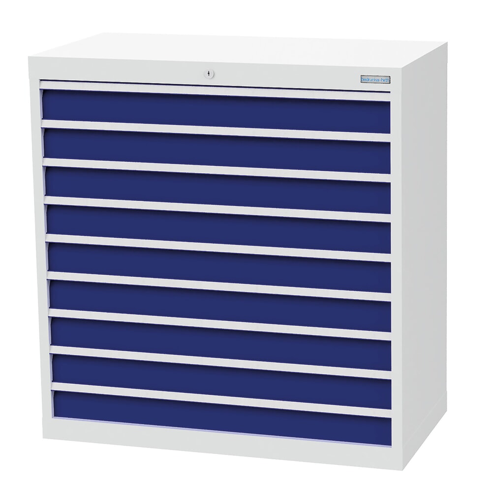 Produktabbildung: Bedrunka+Hirth Schubladenschrank Profi, Schubladen 9x100 mm, HxBxT 1.019 x 980 x 500 mm, lichtgrau/enzianblau