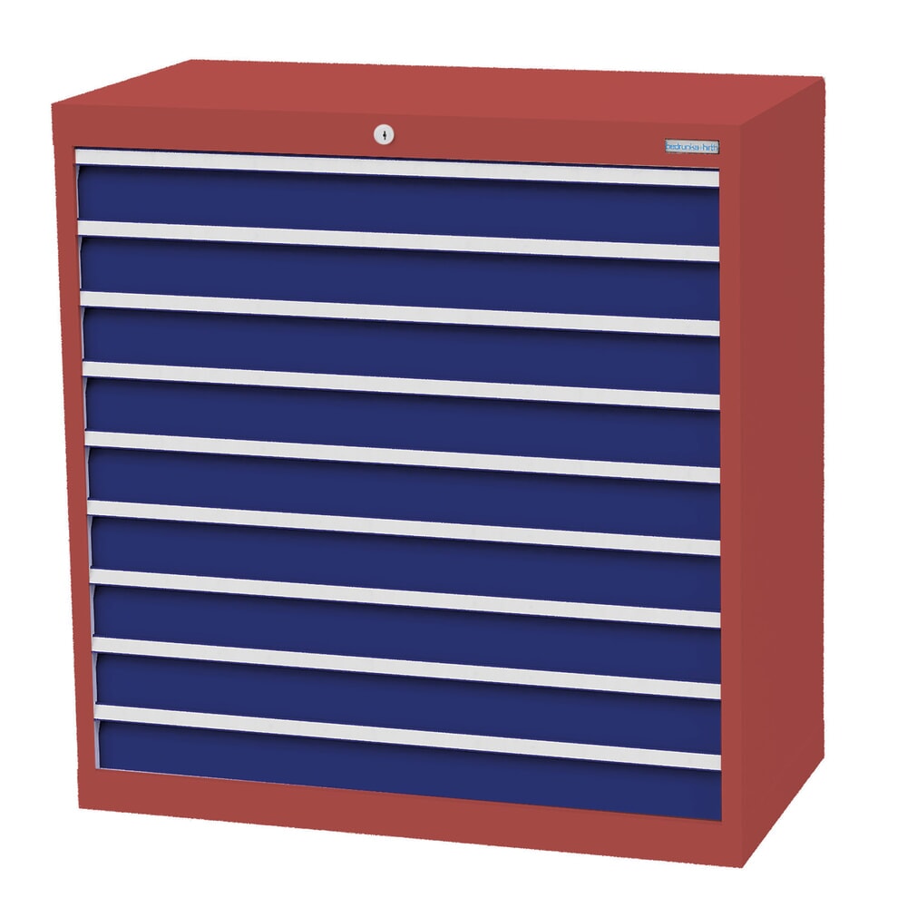 Produktabbildung: Bedrunka+Hirth Schubladenschrank Profi, Schubladen 9x100 mm, HxBxT 1.019 x 980 x 500 mm, rubinrot/enzianblau