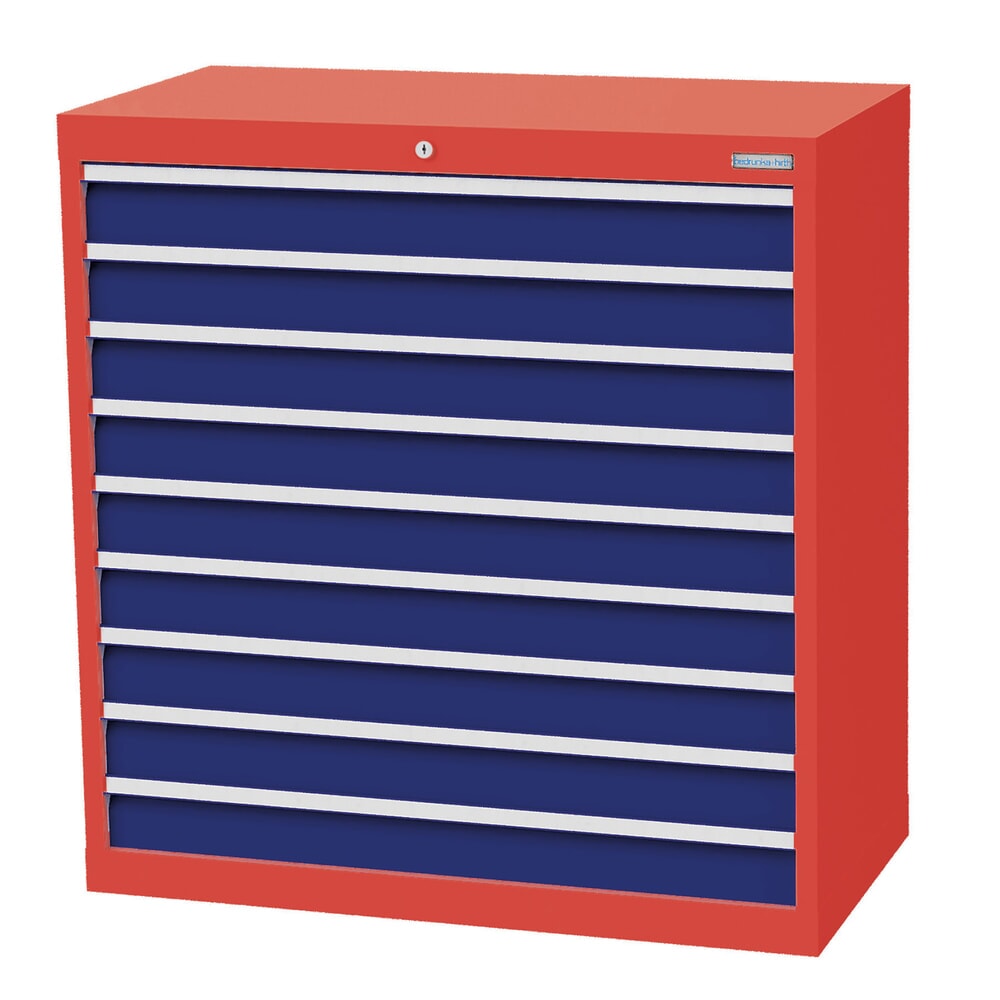 Produktabbildung: Bedrunka+Hirth Schubladenschrank Profi, Schubladen 9x100 mm, HxBxT 1.019 x 980 x 500 mm, verkehrsrot/enzianblau