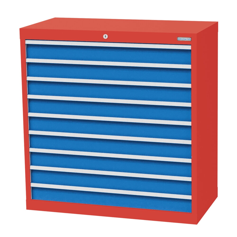 Produktabbildung: Bedrunka+Hirth Schubladenschrank Profi, Schubladen 9x100 mm, HxBxT 1.019 x 980 x 500 mm, verkehrsrot/lichtblau