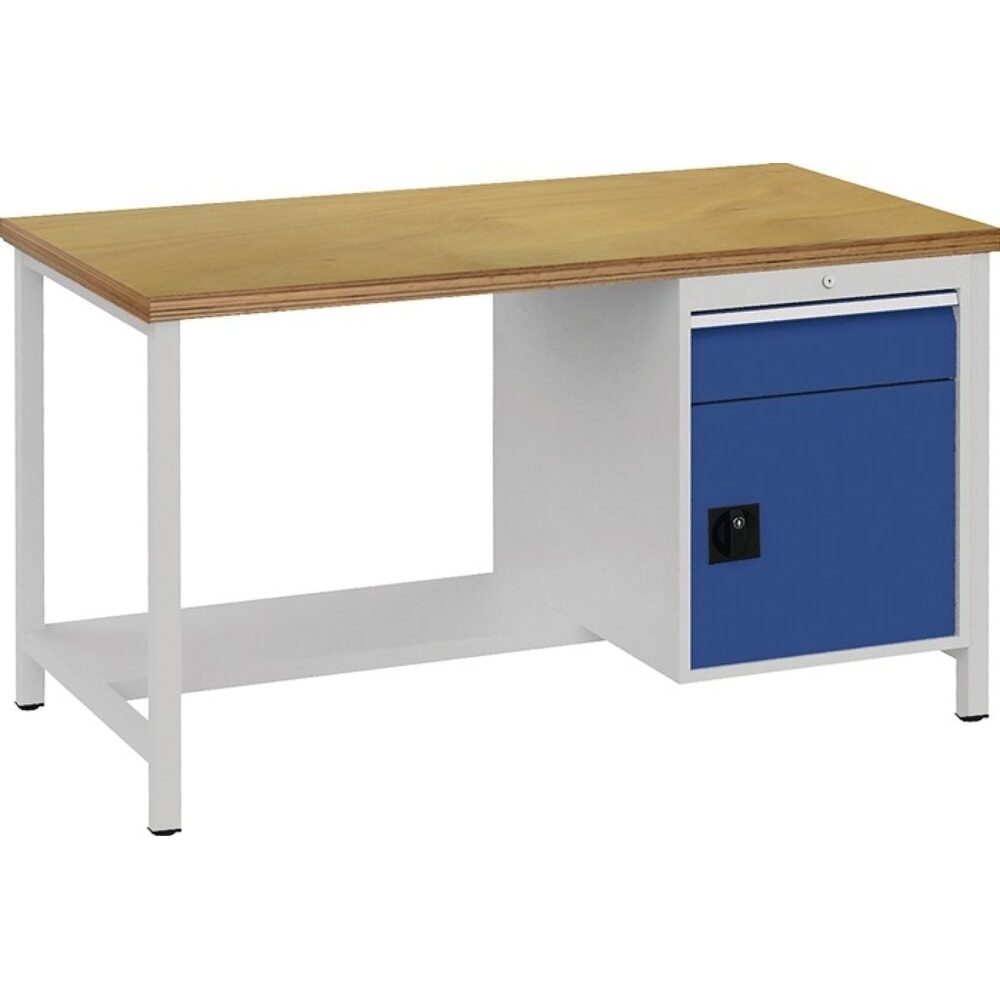 Produktabbildung: Bedrunka+Hirth Werkbank lichtgrau, RAL 7035 signalblau, RAL 5005, Buche Multiplex 40 mm, B1500xH859xT750 mm, 1 Schublade 1 Tür