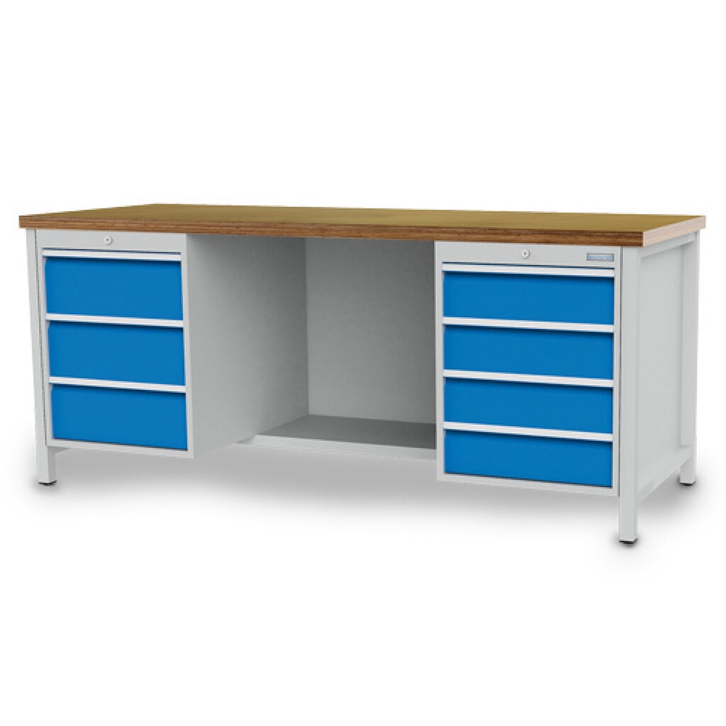 Bedrunka+Hirth Werkbank R 18-24, HxBxT 959 x 2.000 x 750 mm, lichtgrau, lichtblau, 7 Schubladen 4x150 + 3x200 mm Produktabbildung: Bedrunka+Hirth Werkbank R 18-24, HxBxT 959 x 2.000 x 750 mm, lichtgrau, lichtblau, 7 Schubladen 4x150 + 3x200 mm