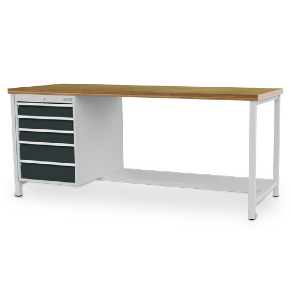 Produktabbildung: Bedrunka+Hirth Werkbank R 18-24, HxBxT 859 x 2.000 x 750 mm, lichtgrau, anthrazitgrau, 5 Schubladen 3x100 + 2x150 mm