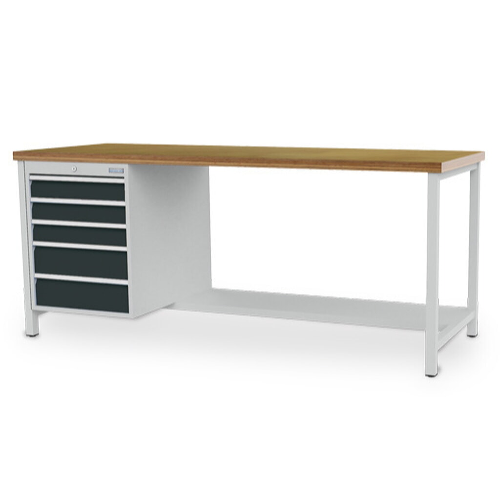 Produktabbildung: Bedrunka+Hirth Werkbank R 18-24, HxBxT 859 x 2.000 x 750 mm, lichtgrau, anthrazitgrau, 5 Schubladen 3x100 + 2x150 mm
