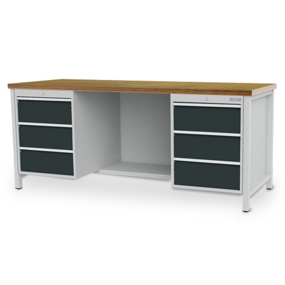 Produktabbildung: Bedrunka+Hirth Werkbank R 18-24, HxBxT 859 x 2.000 x 750 mm, lichtgrau, anthrazitgrau, 6 Schubladen 6x200 mm