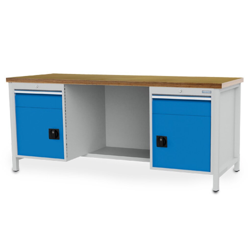 Produktabbildung: Bedrunka+Hirth Werkbank R 18-24, HxBxT 959 x 2.000 x 750 mm, lichtgrau, lichtblau, 2 Schubladen 2x150 mm, 2 Flügeltüren 2x450 mm