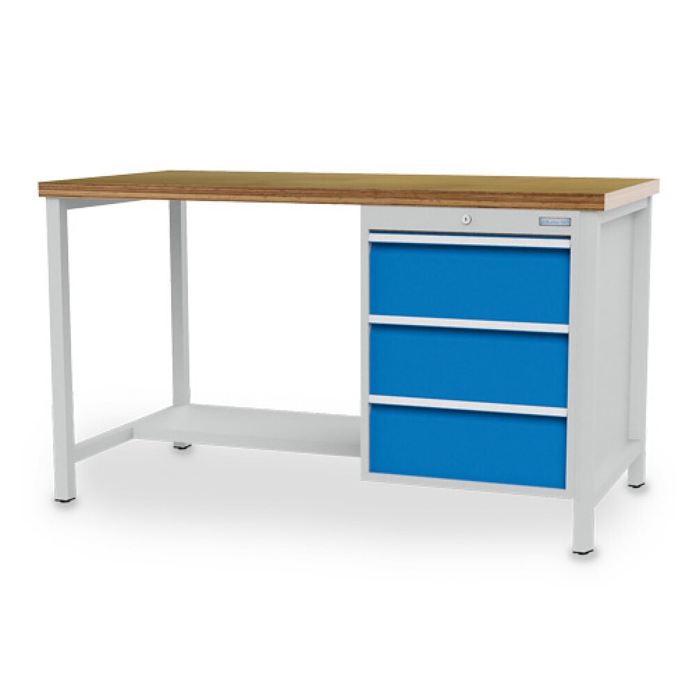 Produktabbildung: Bedrunka+Hirth Werkbank R 18-24, HxBxT 859 x 2.000 x 750 mm, lichtgrau, lichtblau, 3 Schubladen 3x200 mm