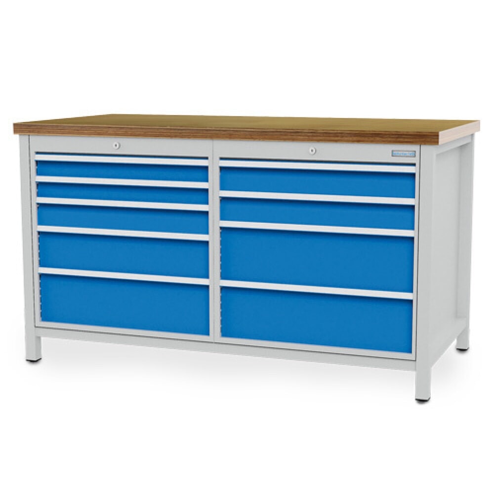 Produktabbildung: Bedrunka+Hirth Werkbank R 24-24, HxBxT 959 x 1.500 x 750 mm, lichtgrau, lichtblau, 9 Schubladen 2x75 + 3x100 + 1x150 + 3x200 mm