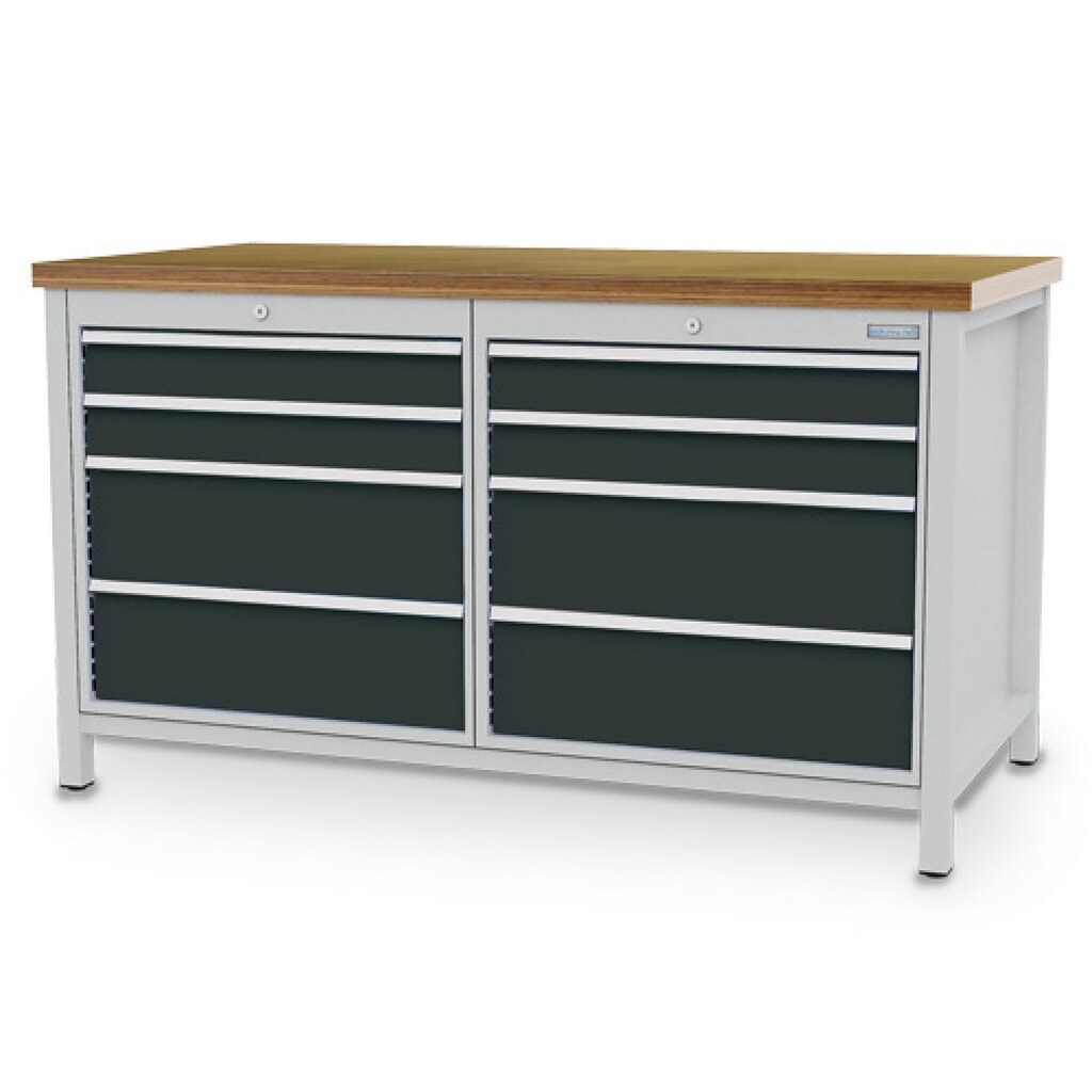 Bedrunka+Hirth Werkbank R 24-24, HxBxT 859 x 1.500 x 750 mm, lichtgrau, anthrazitgrau, 8 Schubladen 4x100 + 4x200 mm Produktabbildung: Bedrunka+Hirth Werkbank R 24-24, HxBxT 859 x 1.500 x 750 mm, lichtgrau, anthrazitgrau, 8 Schubladen 4x100 + 4x200 mm