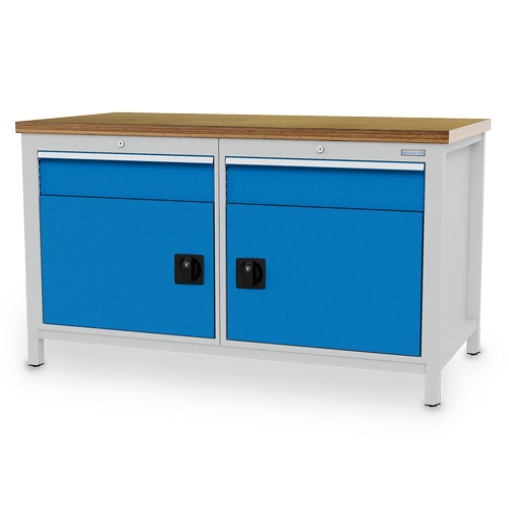 Produktabbildung: Bedrunka+Hirth Werkbank R 24-24, HxBxT 859 x 1.500 x 750 mm, lichtgrau, lichtblau, 2 Schubladen 2x150 mm, 2 Flügeltüren 2x450 mm