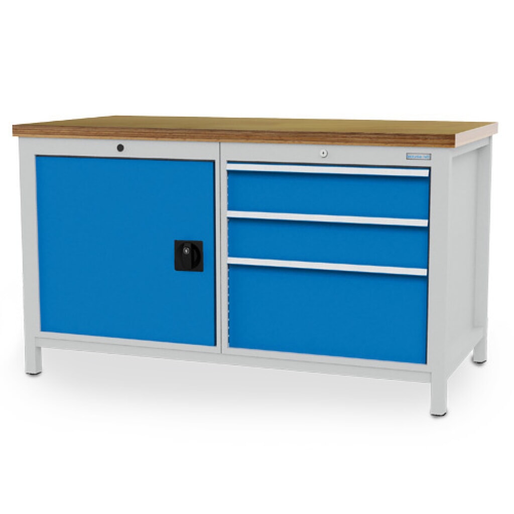 Produktabbildung: Bedrunka+Hirth Werkbank R 24-24, HxBxT 959 x 1.500 x 750 mm, lichtgrau, lichtblau, 3 Schubladen 2x150 mm + 1x300 mm, 1 Flügeltür 1x600 mm