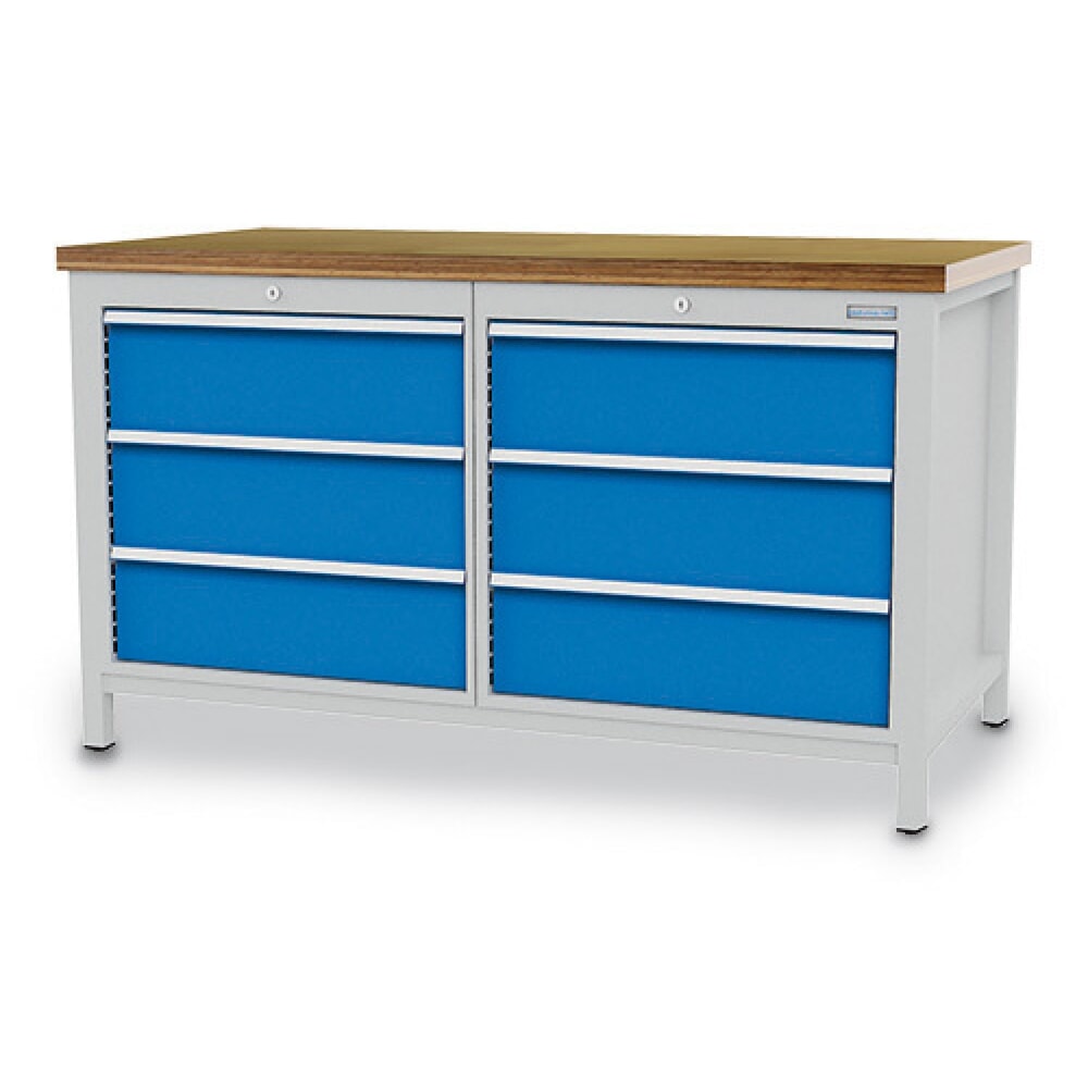 Produktabbildung: Bedrunka+Hirth Werkbank R 24-24, HxBxT 959 x 1.500 x 750 mm, lichtgrau, lichtblau, 6 Schubladen 6x200 mm