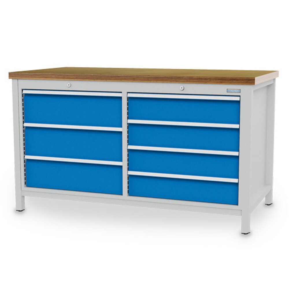Produktabbildung: Bedrunka+Hirth Werkbank R 24-24, HxBxT 859 x 1.500 x 750 mm, lichtgrau, lichtblau, 7 Schubladen 4x150 + 3x200 mm